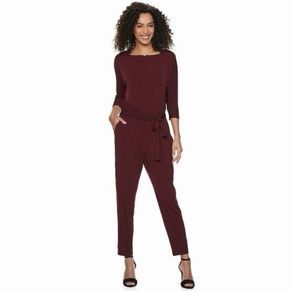 Nina Leonard Belted Jumpsuit Womens Size M Wine Burgundy Jersey New